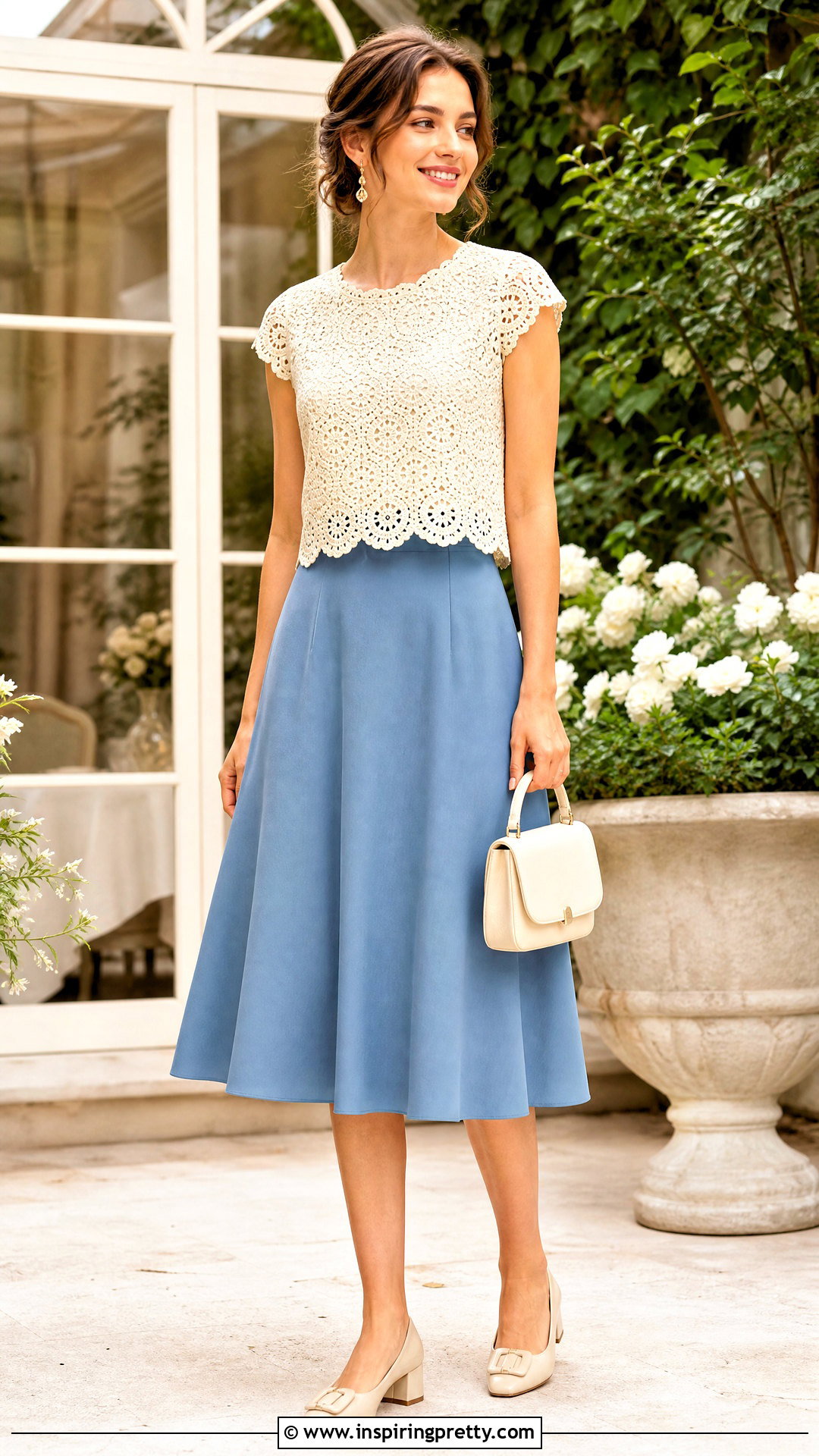 Scalloped Crochet Lace Top With A Line Midi Skirt - 50 crochet lace top outfit ideas