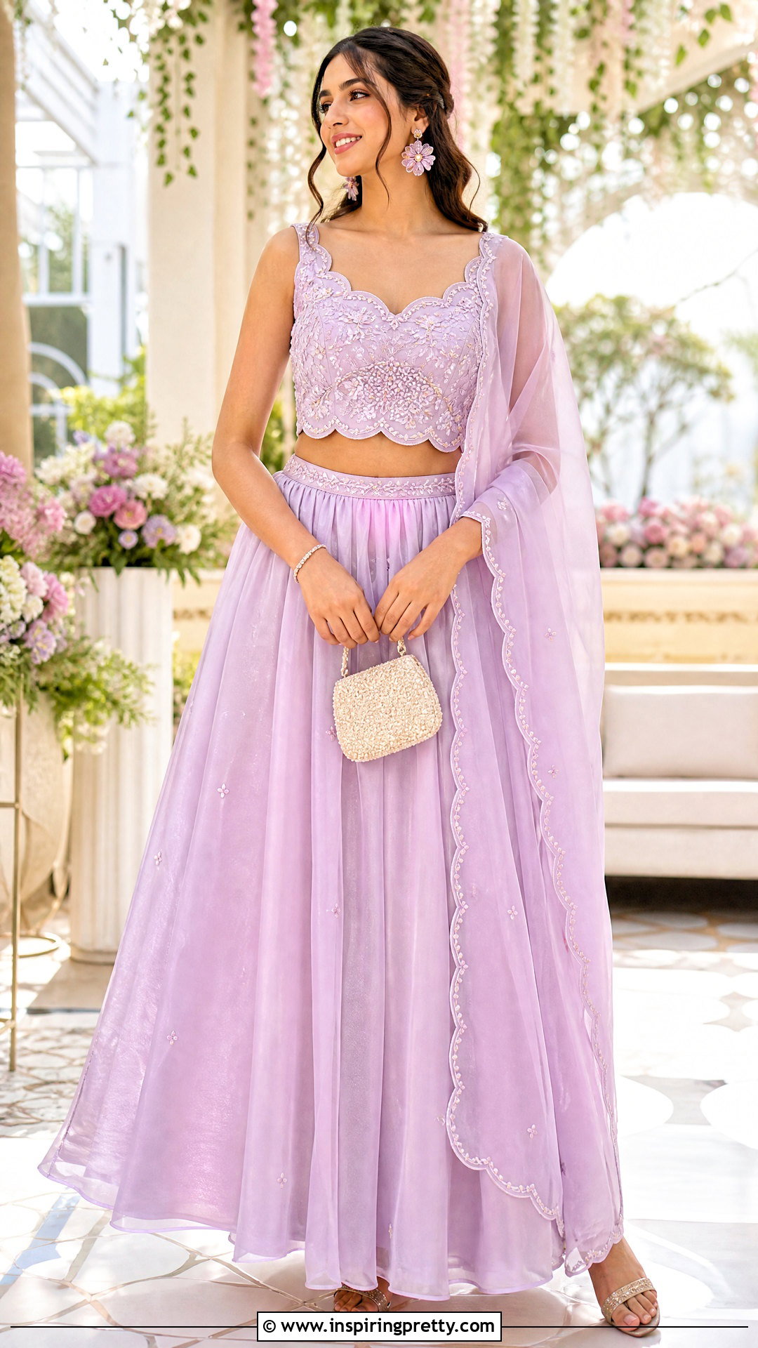 Scalloped Crop Top Blouse With Organza Lehenga - 50 latest crop top blouse designs
