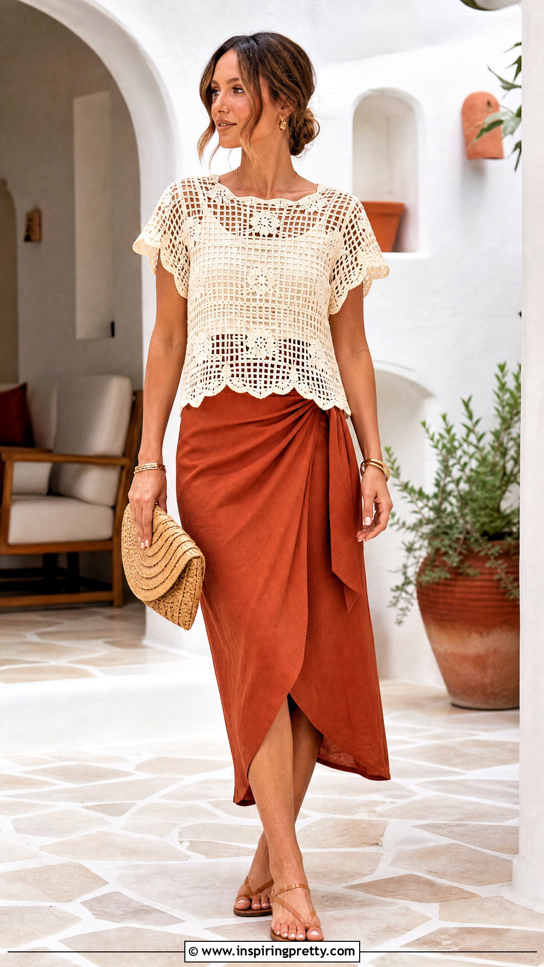 Scalloped Filet Crochet Top With Wrap Skirt - 50 fillet crochet top outfit ideas