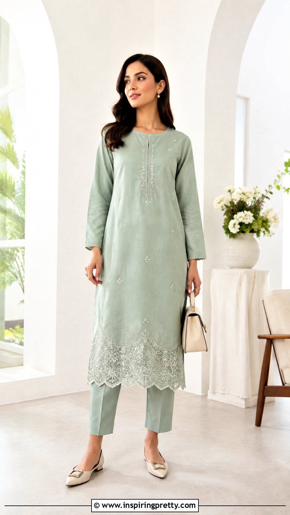 Scalloped Hem Kurti Top With Pants - 50 kurti top designs for women