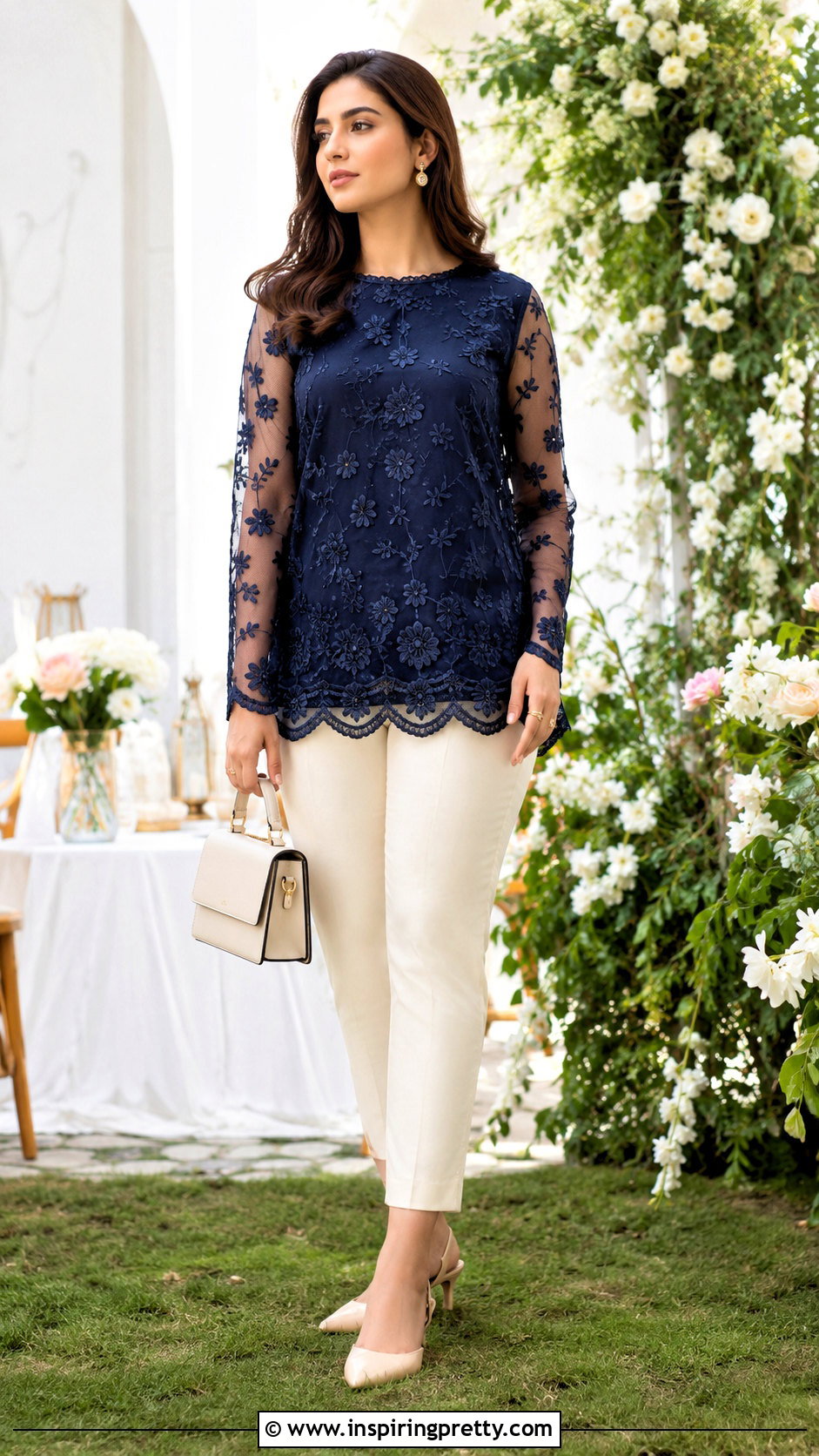 Scalloped Hem Net Top With Ankle Pants - 50 net top designs for women