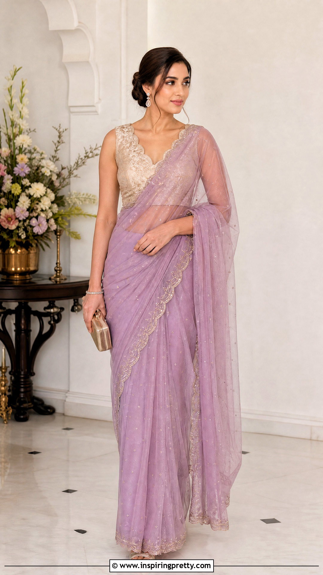 Scalloped Neck Brocade Top With Net Saree - 50 brocade top designs