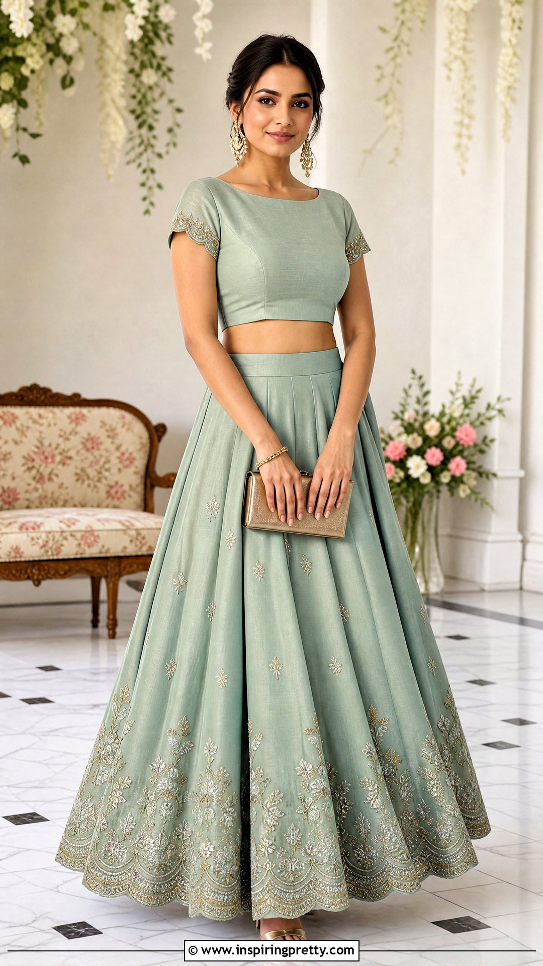 Scalloped Saree Skirt And Short Sleeve Crop Top - 25 skirt and crop top from old saree ideas