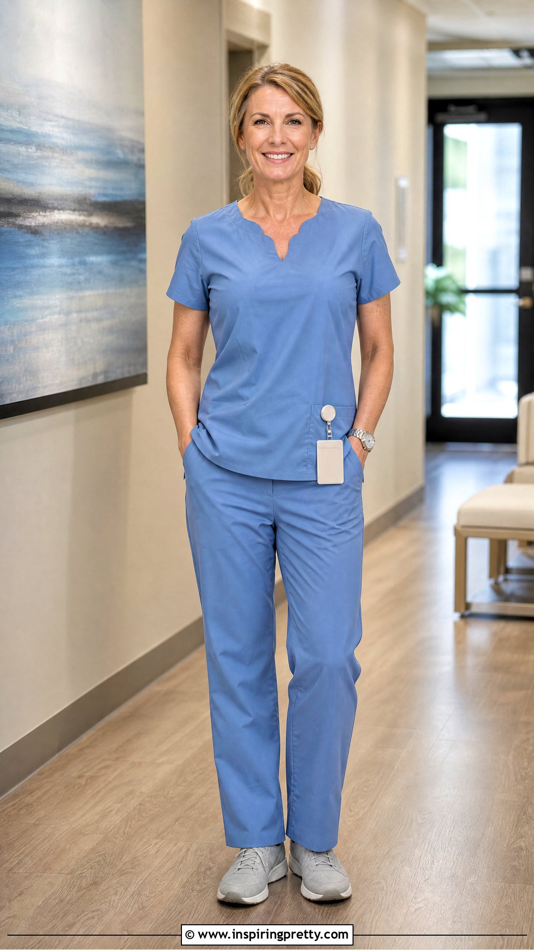 Scalloped Scrub Top With Straight Leg Pants - 20 Fancy Scrub Tops outfit ideas