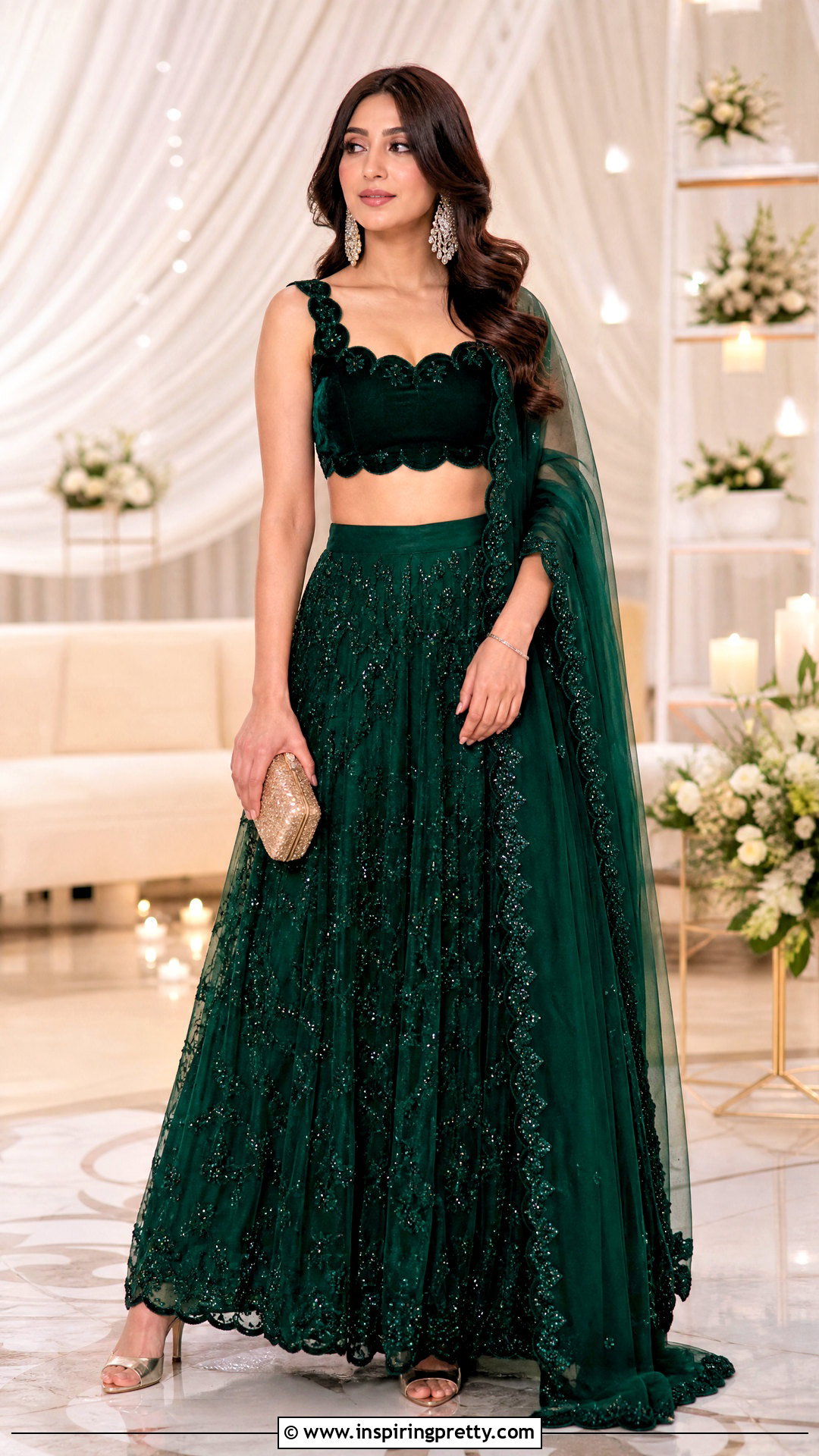 Scalloped Velvet Crop Top With Net Lehenga - 50 velvet crop top designs for lehengas