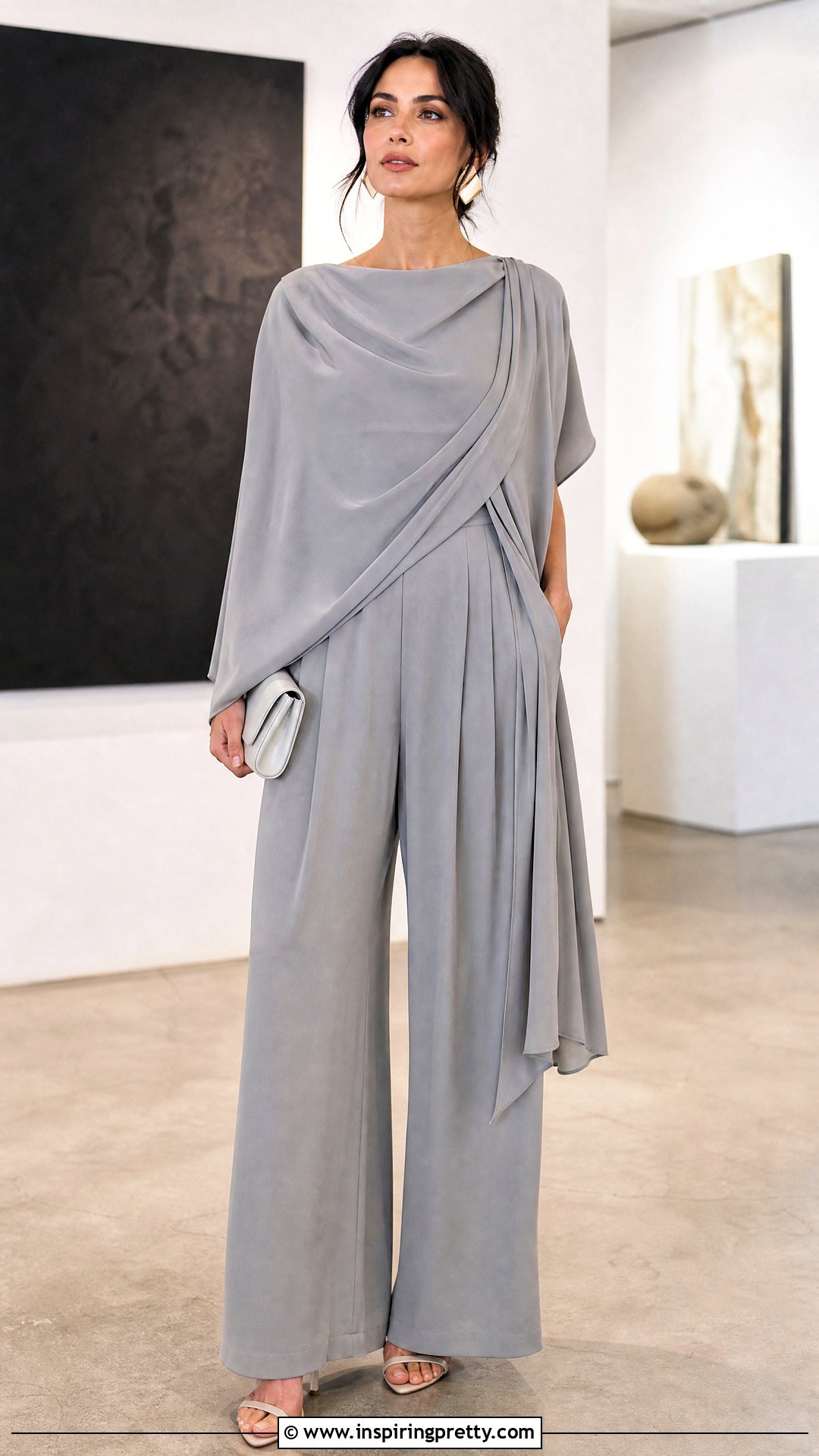 Scarf Draped Top With Fluid Trousers - 50 draped top outfit ideas