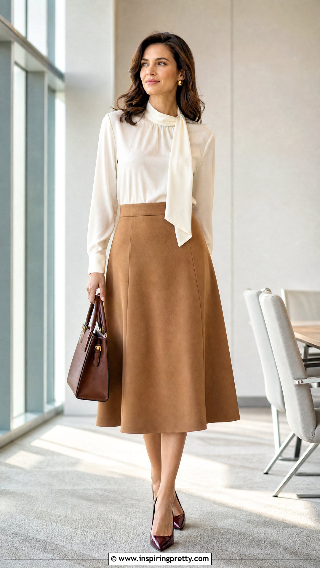Scarf Neck Blouse And Camel Skirt Outfit - 50 elegant tops classy outfits