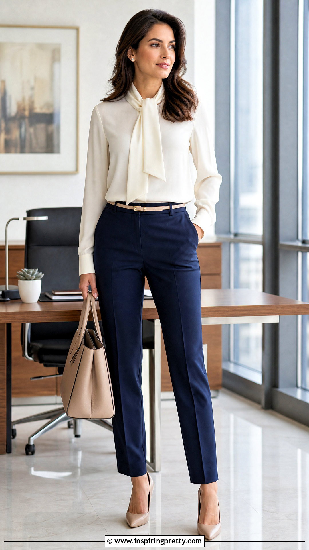 Scarf Neck Blouse With Navy Trousers - 50 elegant tops outfit ideas