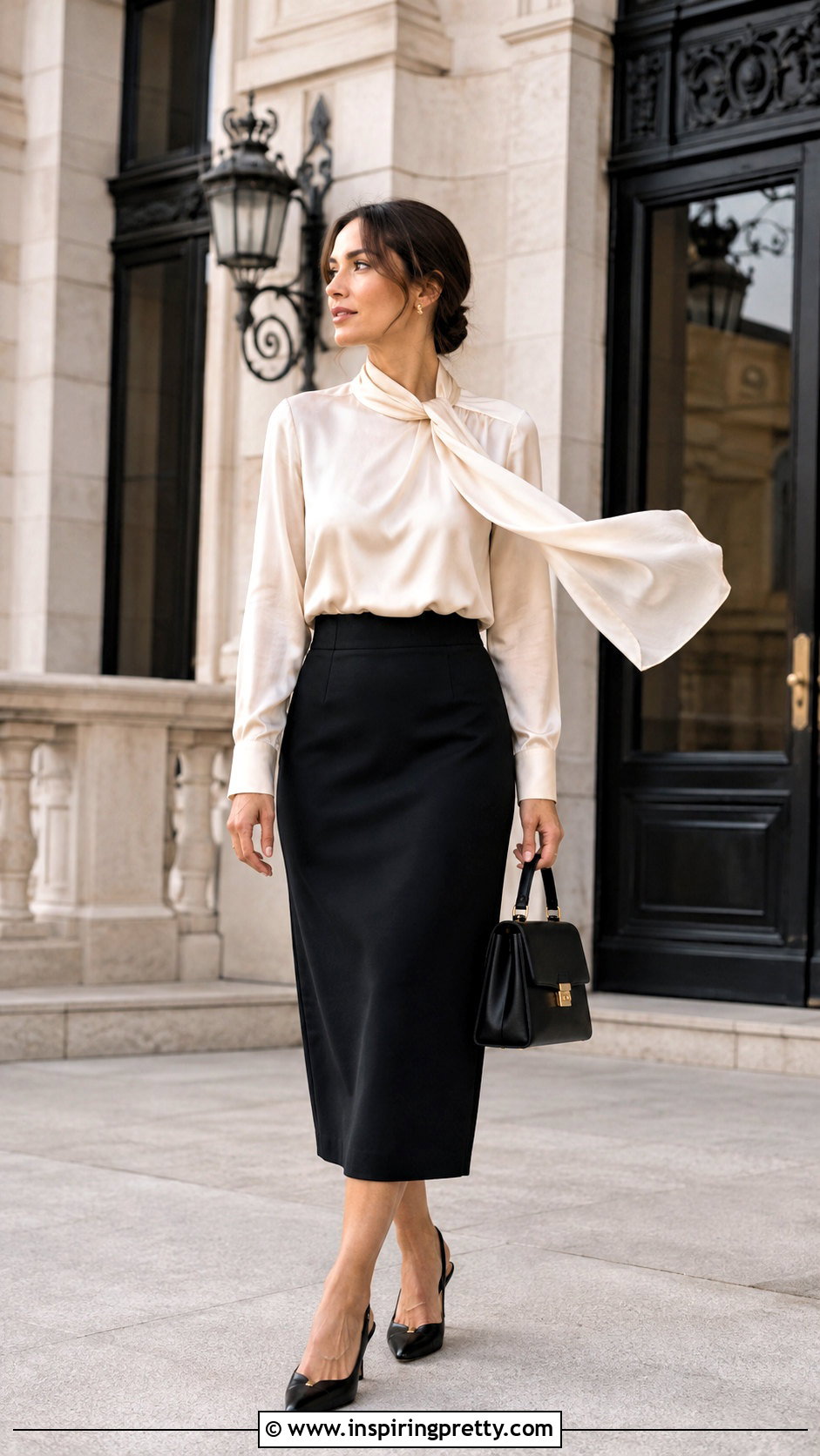 Scarf Neck Satin Top With Midi Skirt - 50 long sleeve going out tops outfit ideas