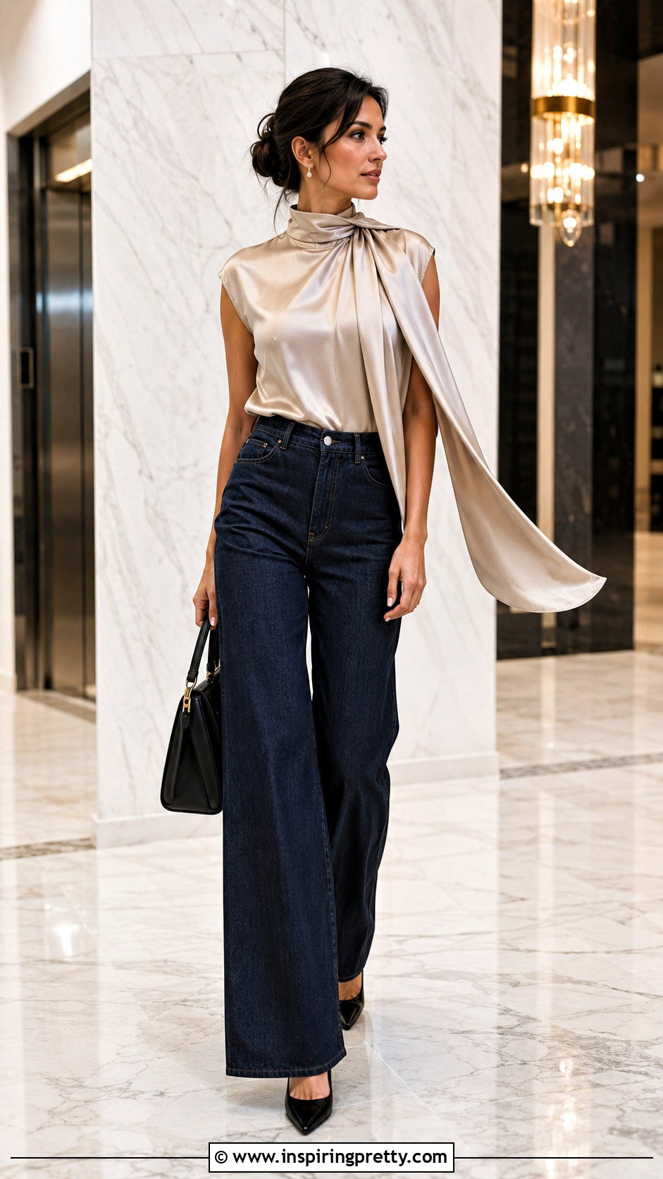 Scarf Neck Satin Top With Wide Leg Jeans - 50 fancy tops designs for jeans