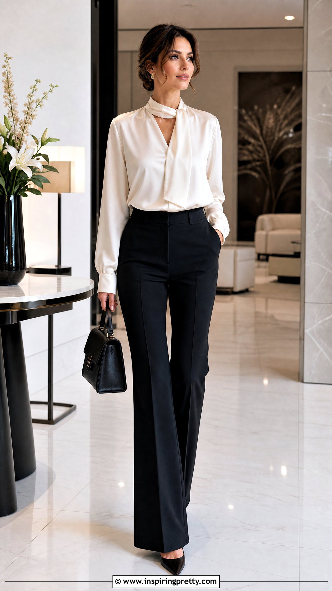 Scarf Neck Top With Flared Pants - 50 nice tops outfit ideas