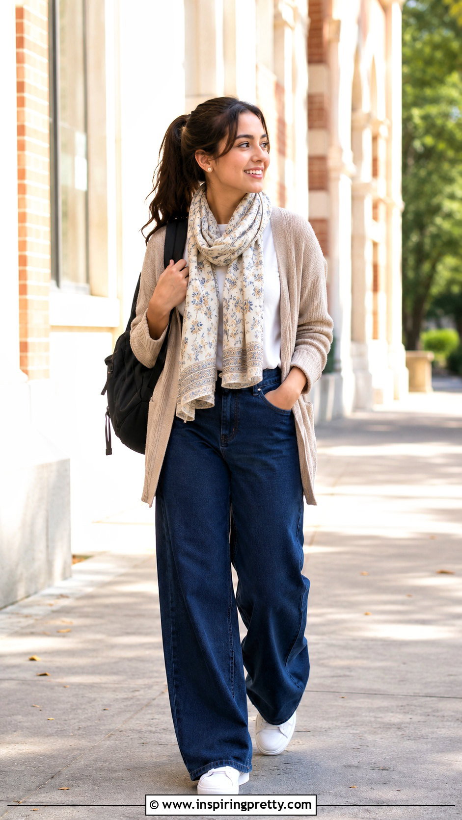 Scarf Top College Outfit With Wide Leg Jeans - 25 modest scarf top outfit ideas
