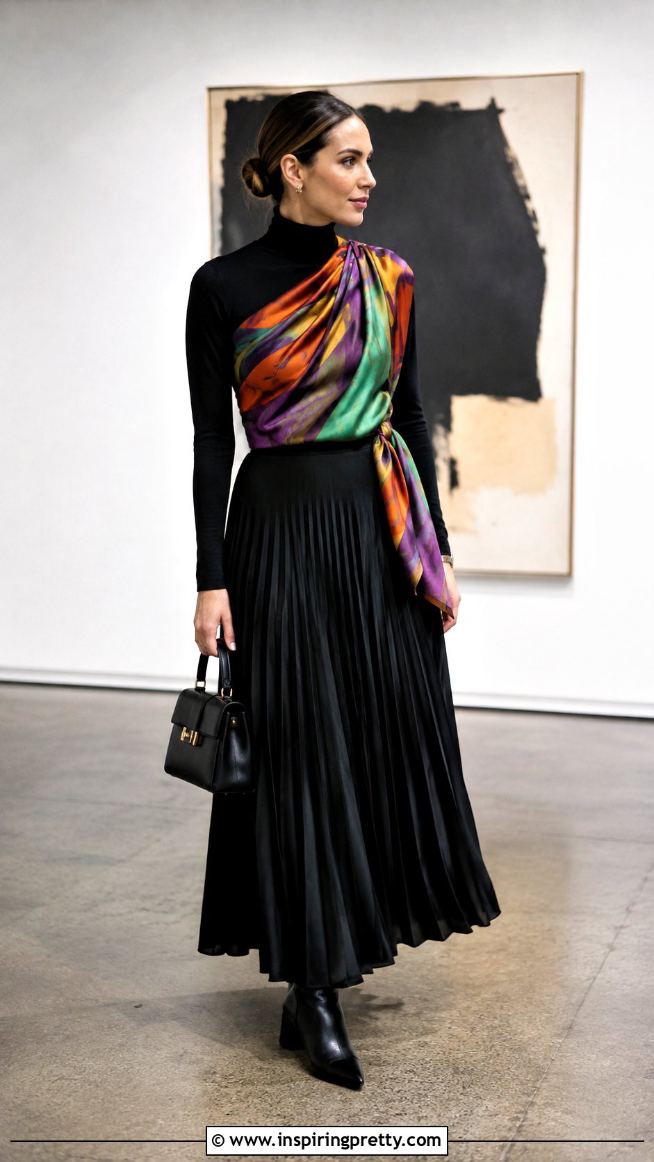 Scarf Top With Black Turtleneck And Maxi Skirt - 25 modest scarf top outfit ideas