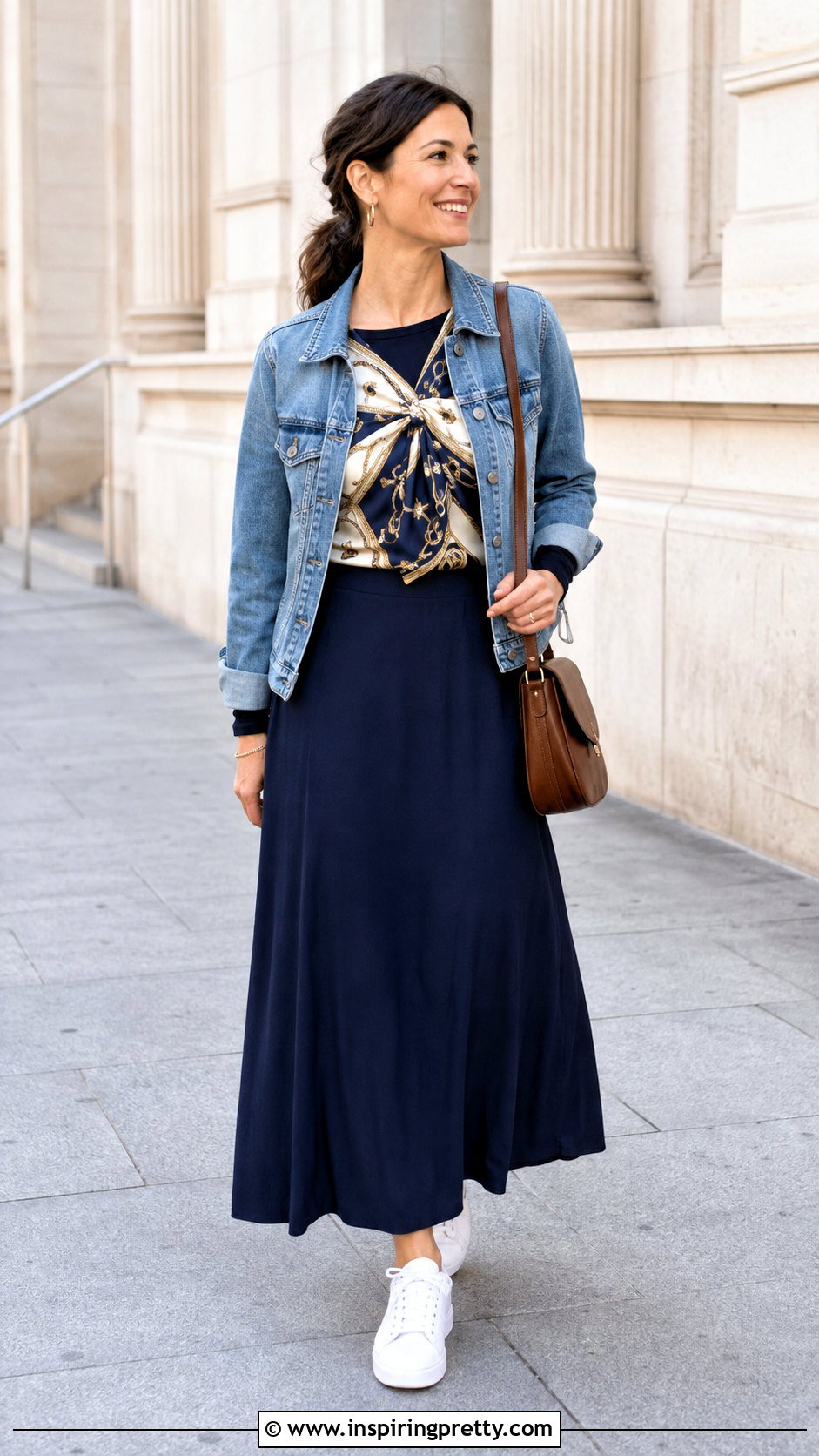 Scarf Top With Denim Jacket And Maxi Skirt - 25 modest scarf top outfit ideas