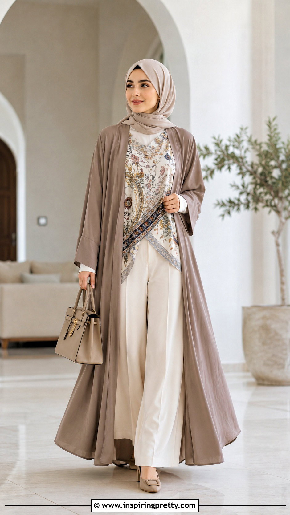 Scarf Top With Open Abaya And Wide Leg Pants - 25 modest scarf top outfit ideas