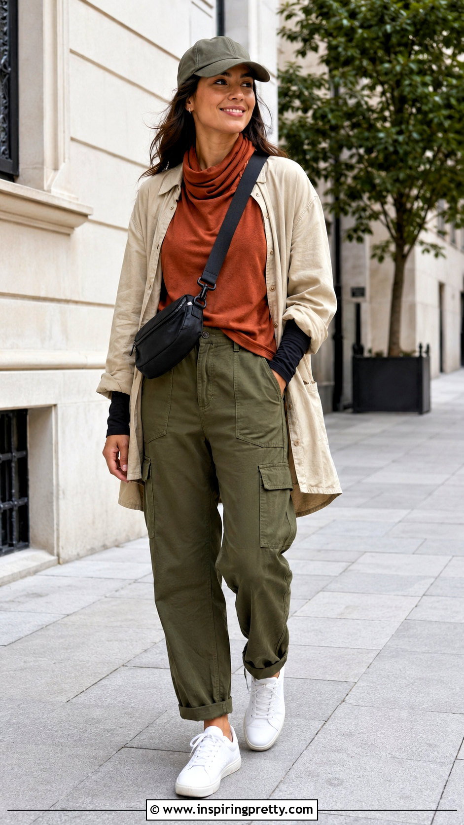 Scarf Top With Overshirt And Cargo Pants - 25 modest scarf top outfit ideas