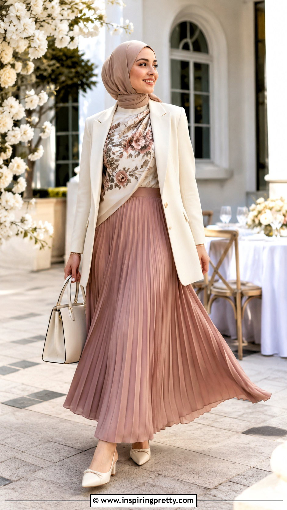 Scarf Top With Pleated Skirt And Blazer - 25 modest scarf top outfit ideas