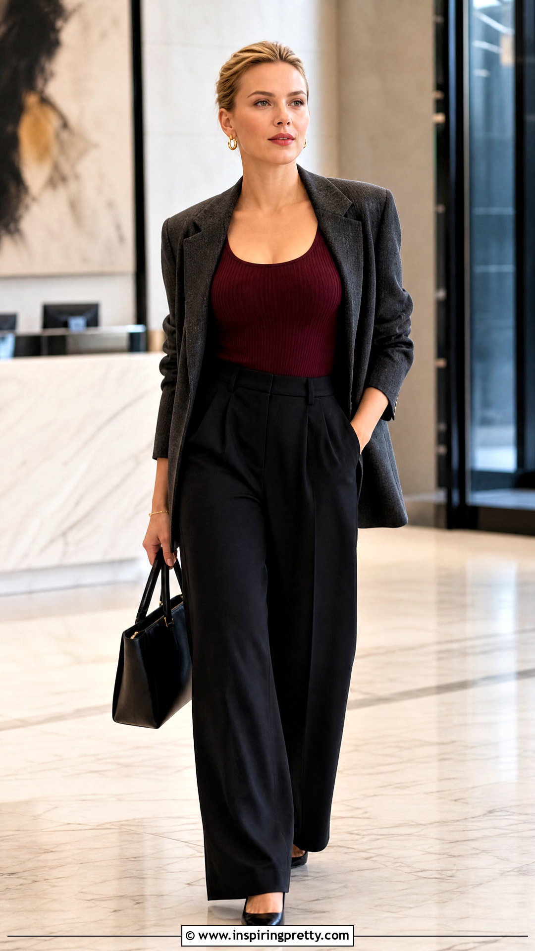 Scarlett Johansson Burgundy Tank Top With Black Trousers - 25 scarlett johansson tank top outfit ideas