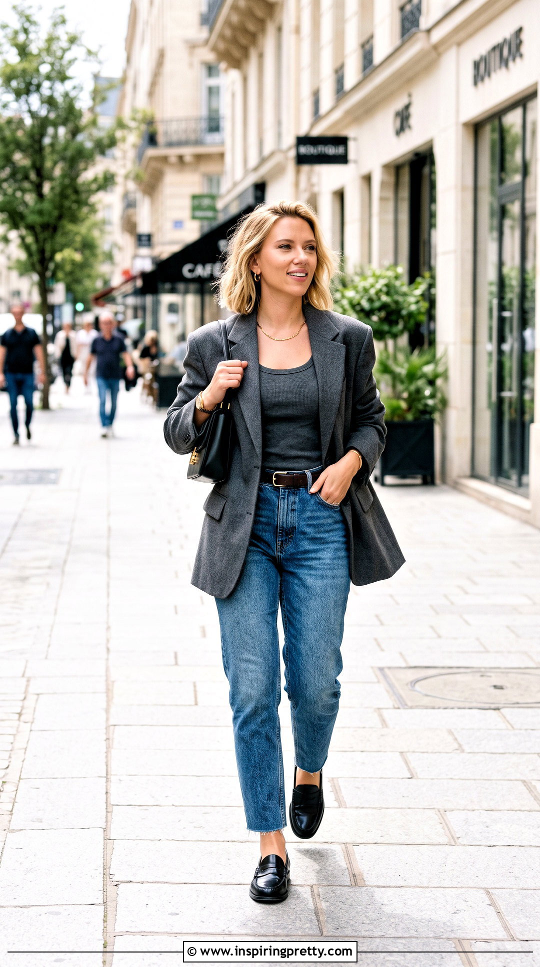 Scarlett Johansson Gray Tank Top With Tapered Jeans And Blazer - 25 scarlett johansson tank top outfit ideas