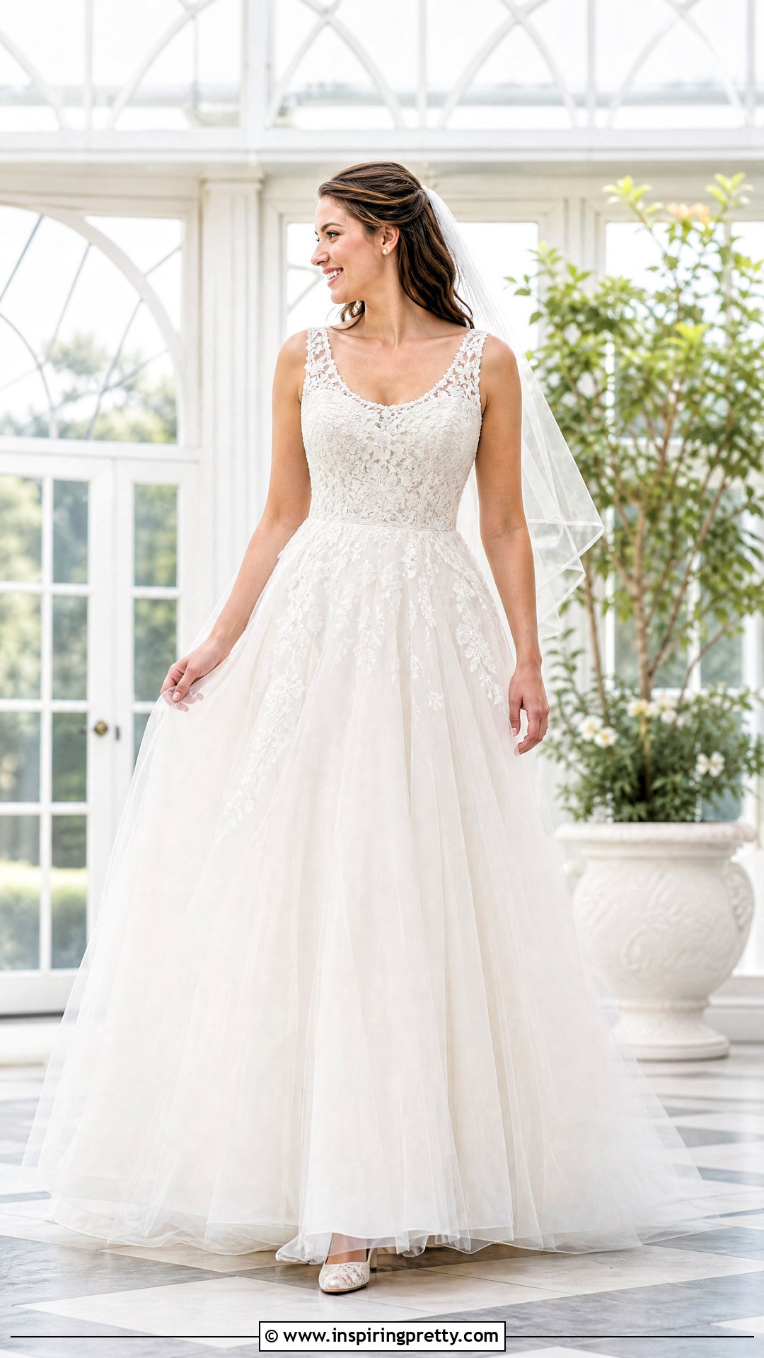 Scoop Neck Lace Top Tulle Wedding Dress - 25 lace top flowy bottom wedding dress outfit ideas