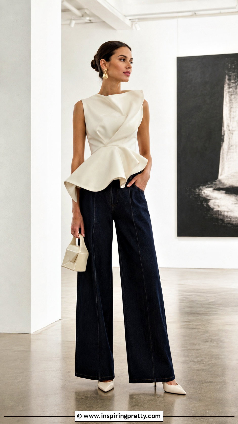 Sculptural Peplum Top With Wide Leg Jeans - 50 fancy tops designs for jeans