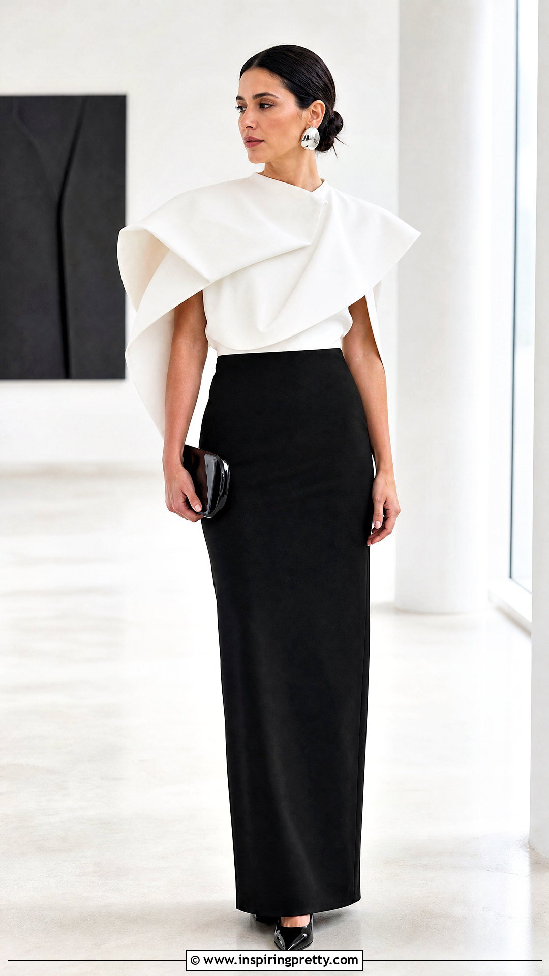 Sculptural White Statement Top With Black Maxi Skirt - 50 statement tops outfit ideas