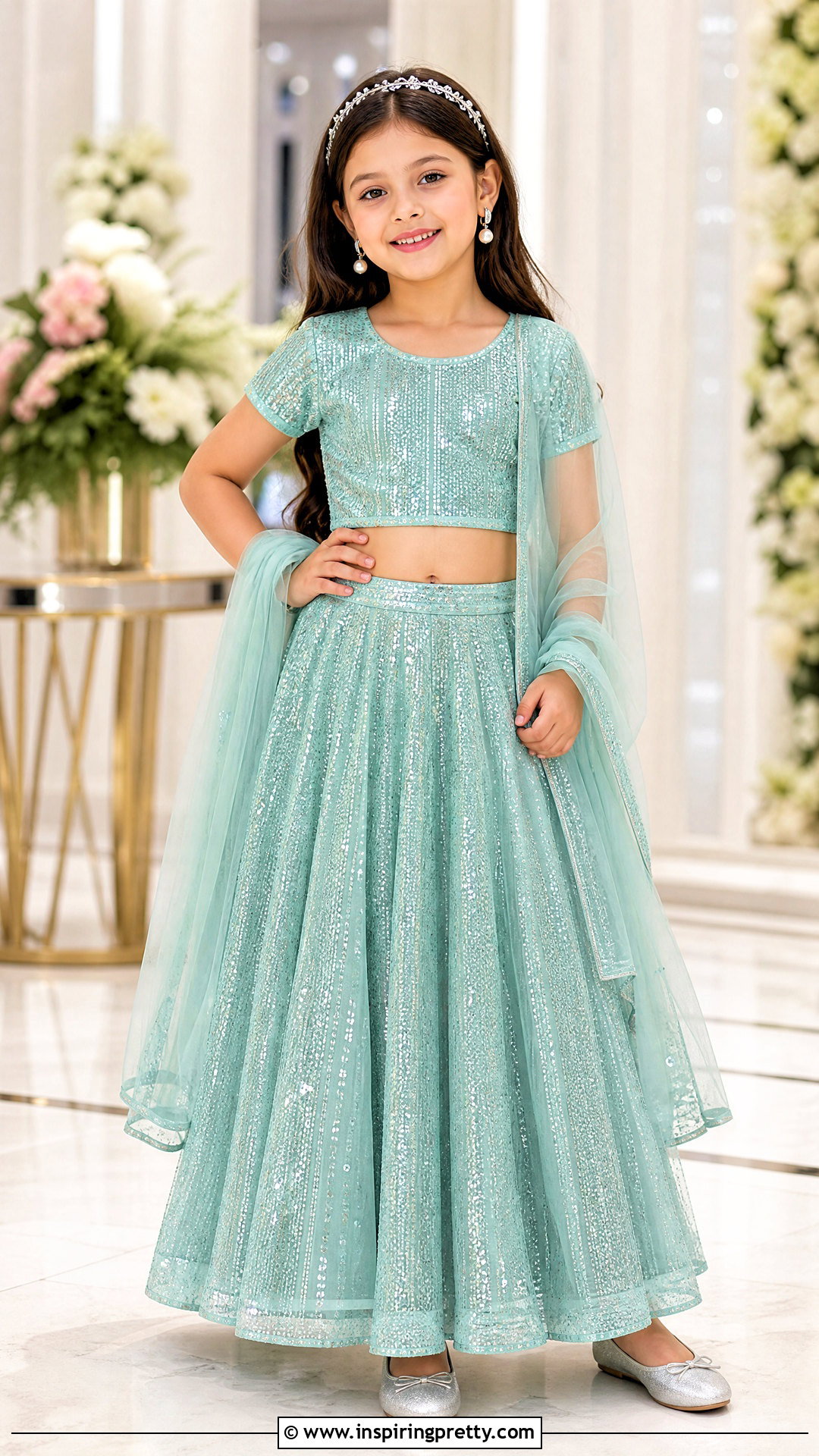 Sea Green Sequin Kids Crop Top Lehenga - 50 kids crop top lehenga designs