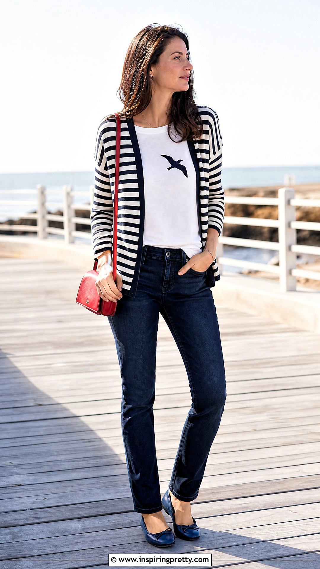 Seagull Top With A Striped Cardigan - 20 seagull top outfit ideas