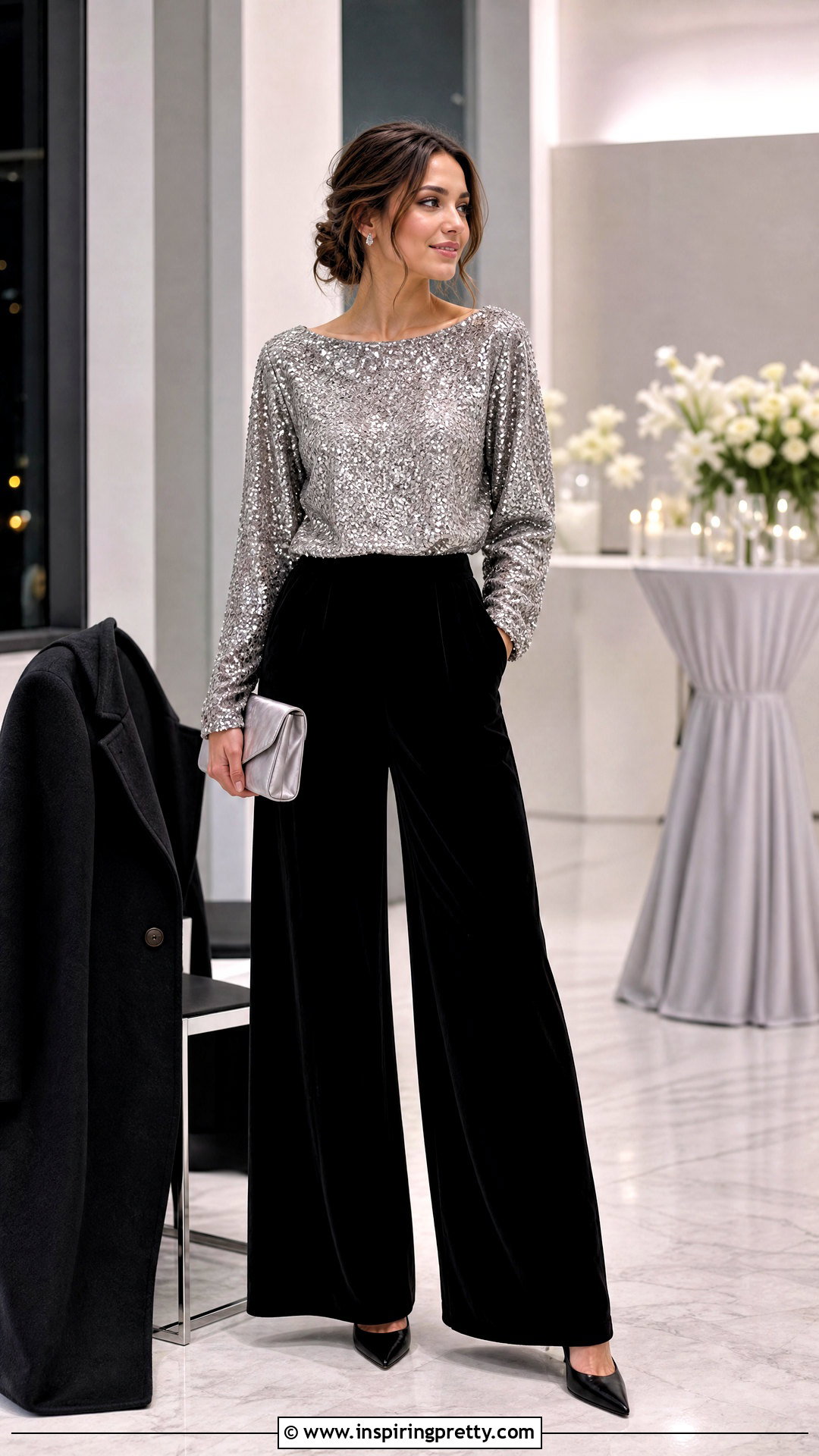 Sequin Blouse With Velvet Pants - 50 embellished top outfit ideas