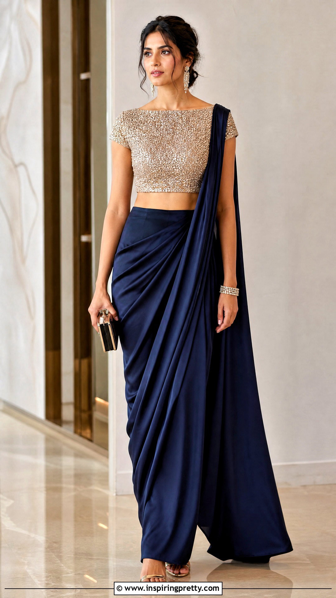Sequin Boat Neck Crop Top Blouse With Draped Skirt - 20 Crop Top Blouse Designs Latest Boat Necks