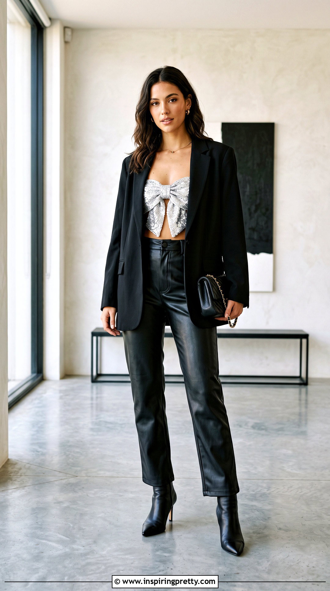 Sequin Bow Bandeau Top With Faux Leather Pants - 25 bow bandeau top outfit ideas