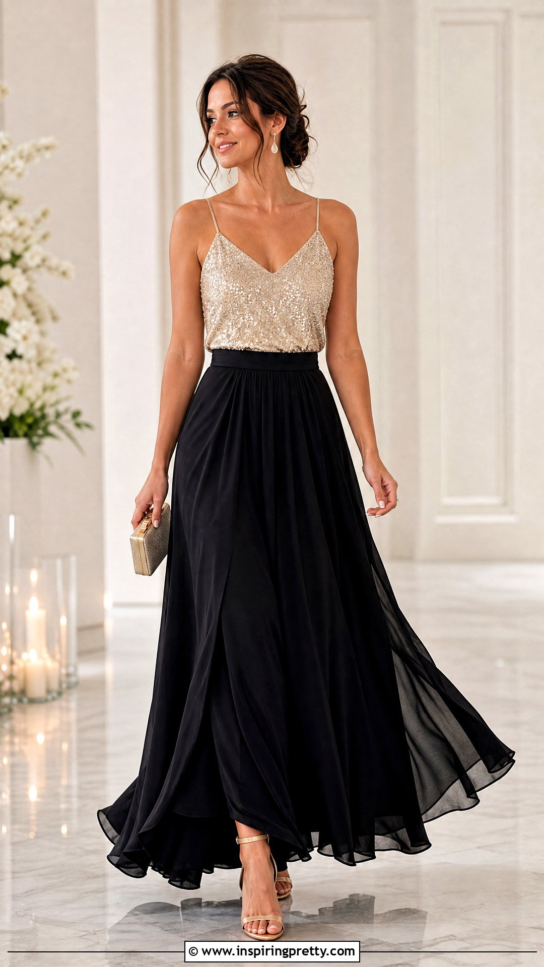 Sequin Camisole Top With A Black Maxi Skirt - 20 sequin camisole top outfit ideas