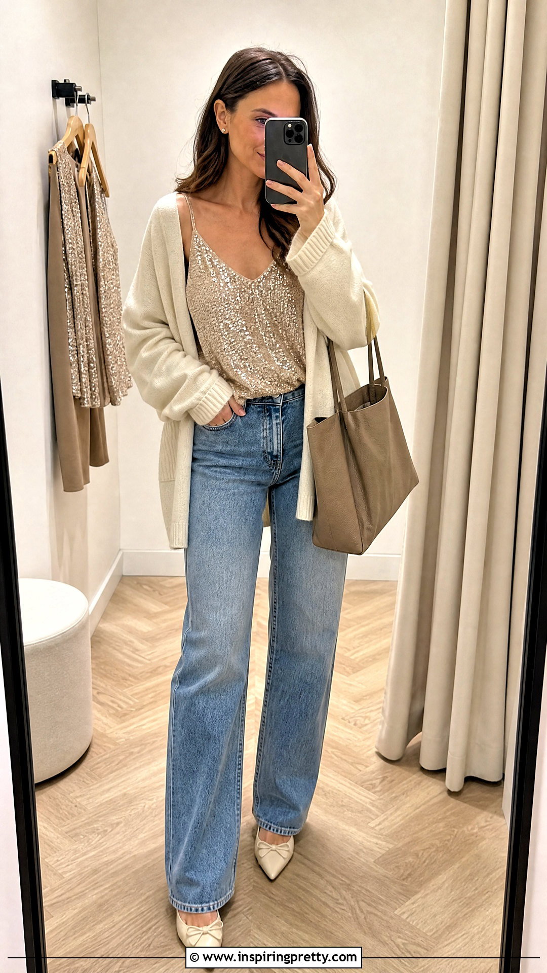 Sequin Camisole Top With A Cardigan And Jeans - 20 sequin camisole top outfit ideas