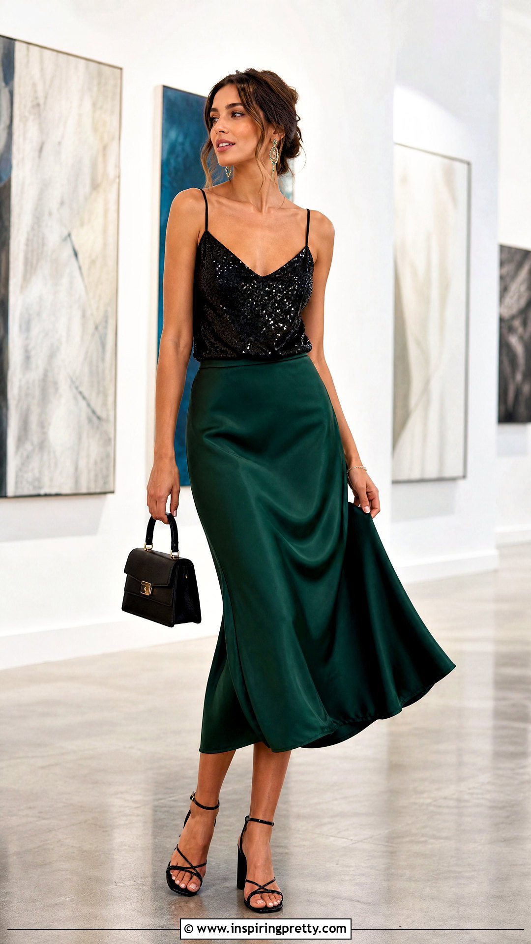 Sequin Camisole Top With Satin Midi Skirt - 20 sequin camisole top outfit ideas