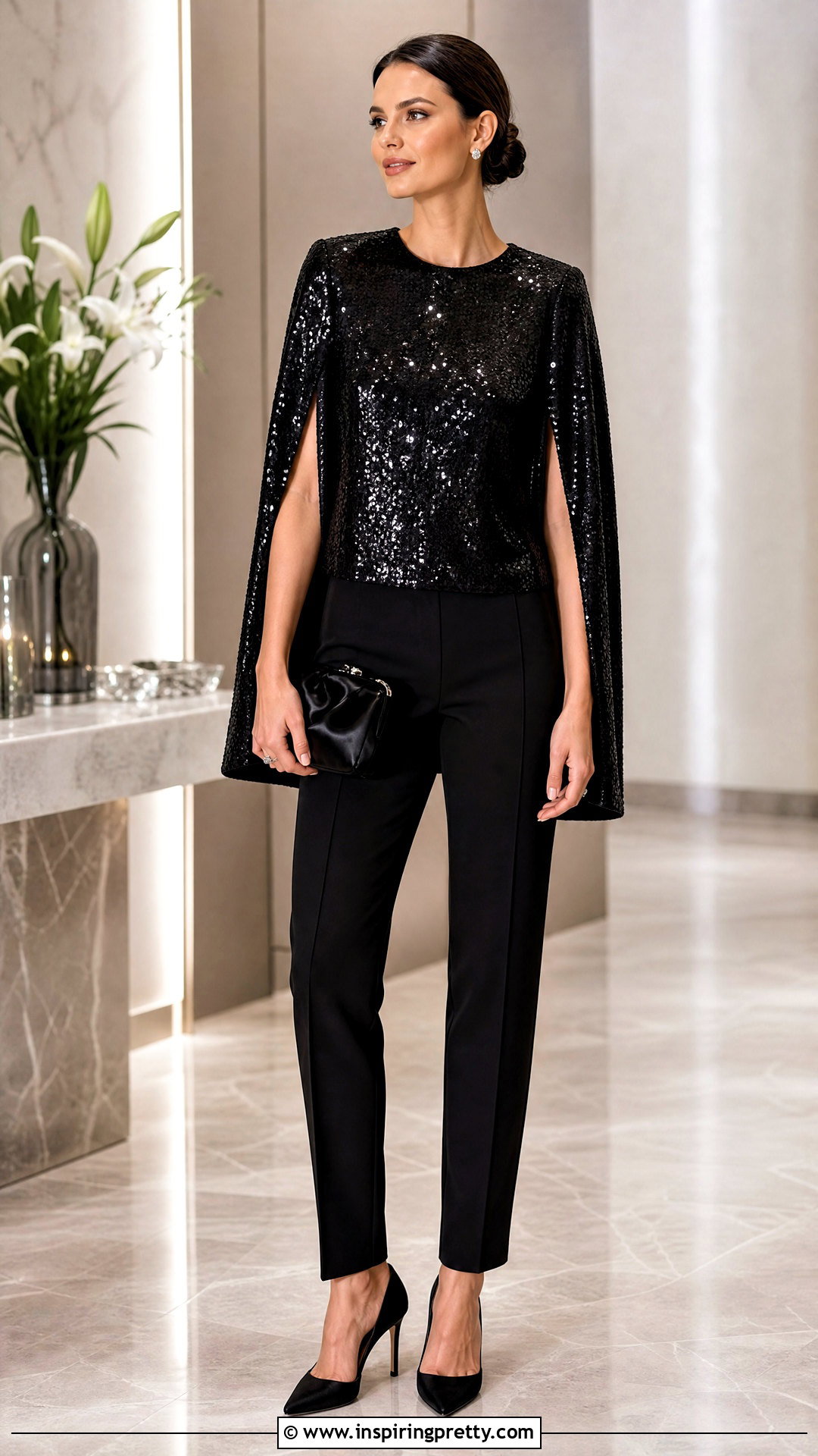 Sequin Cape Top With Black Trousers - 50 Cape Top outfit ideas