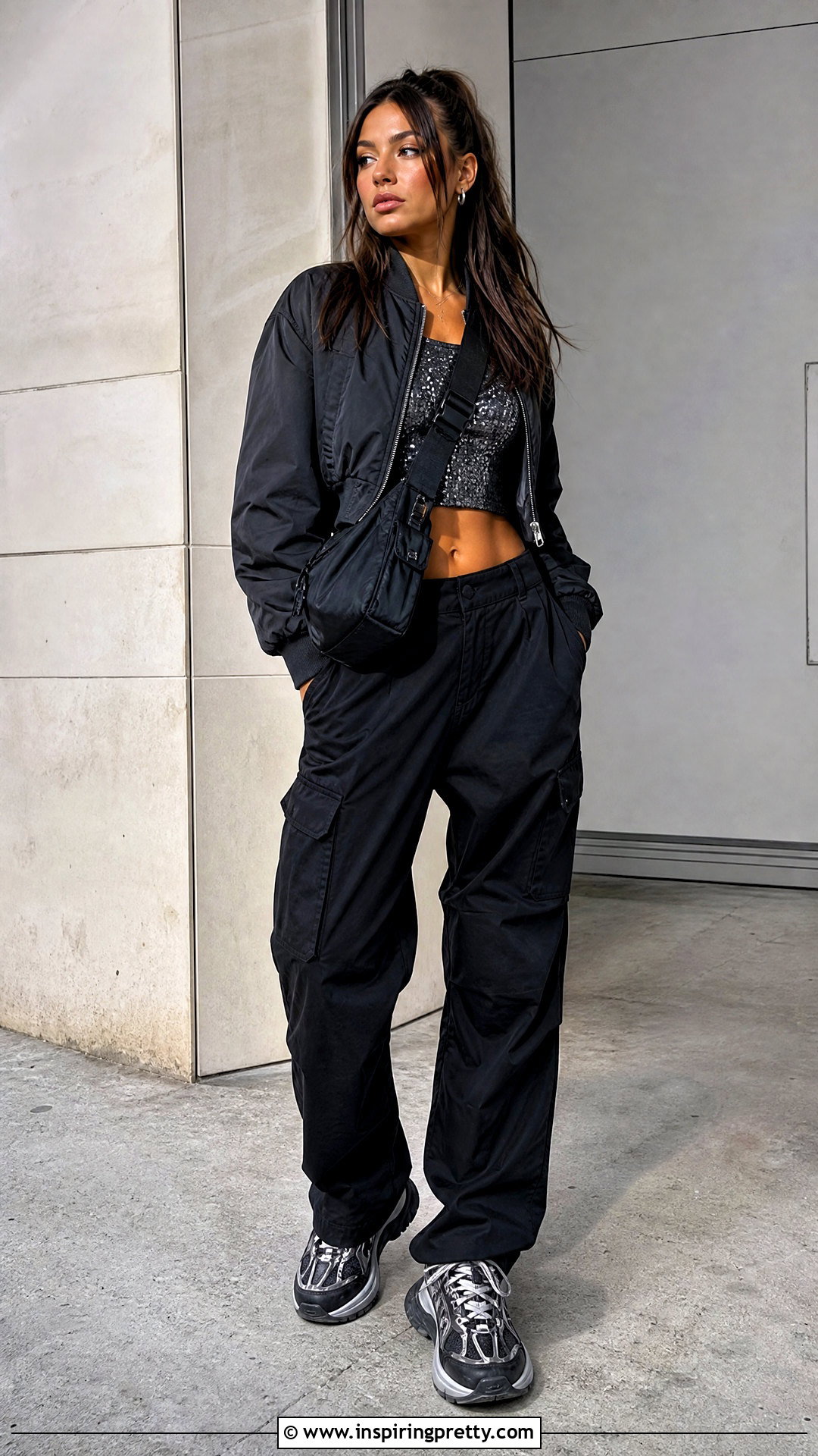 Sequin Concert Top With Cargo Pants - 20 sparkle concert top outfit ideas