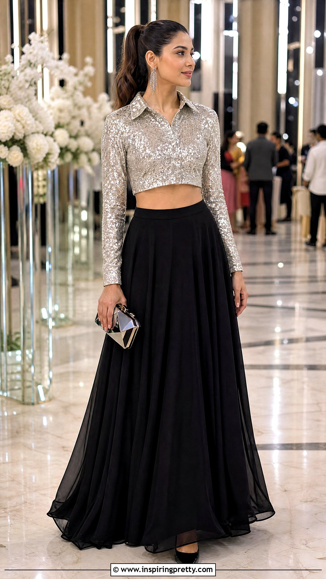 Sequin Crop Shirt With Plain Black Lehenga Outfit - 25 shirt crop top lehenga outfit ideas