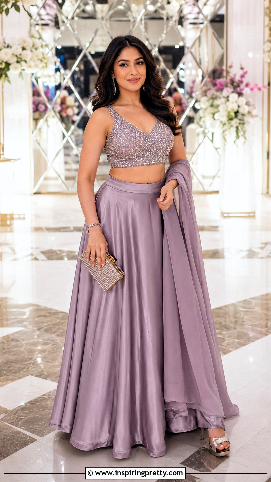 Sequin Crop Top Blouse With Satin Lehenga - 20 Crop Top Blouse Designs For Lehanga Outfit Ideas