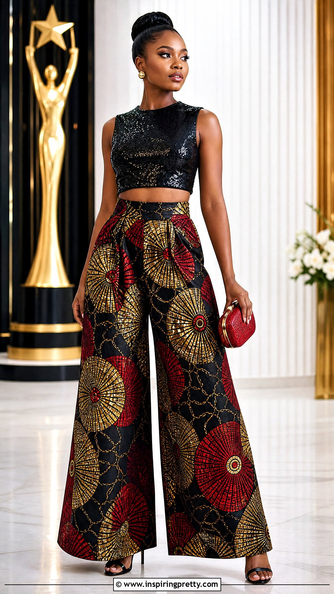 Sequin Crop Top With Ankara Palazzo Trousers - 50 Ankara Palazzo Trouser And Crop Top outfit ideas