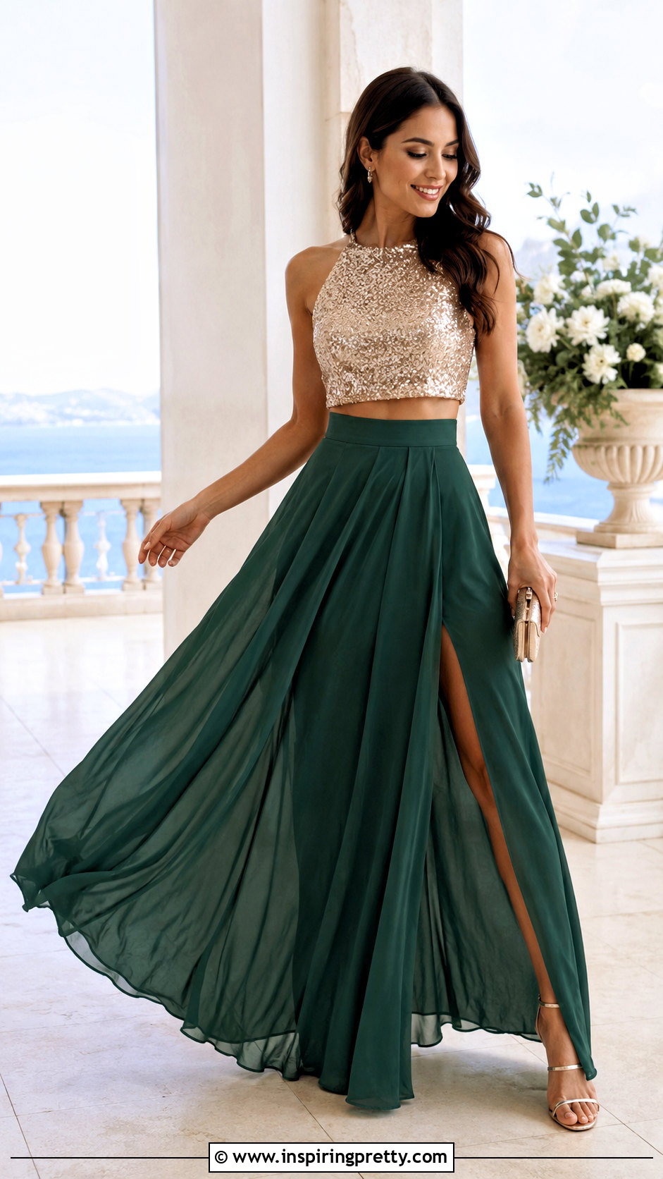 Sequin Crop Top With Maxi Skirt And Strappy Sandals - how to style a sequin crop top (20 ways)