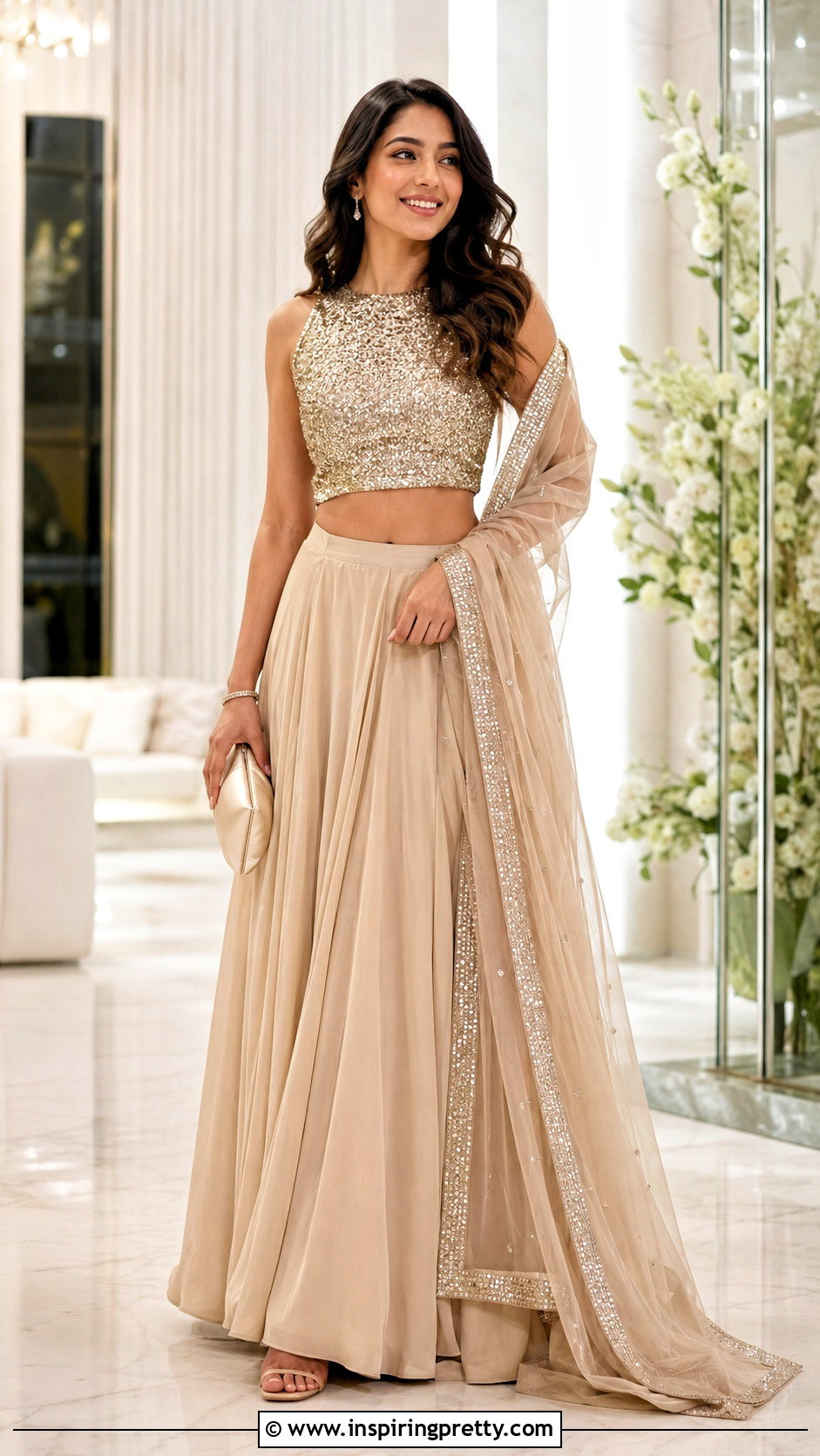 Sequin Crop Top With Plain Georgette Lehenga - 50 traditional crop top designs