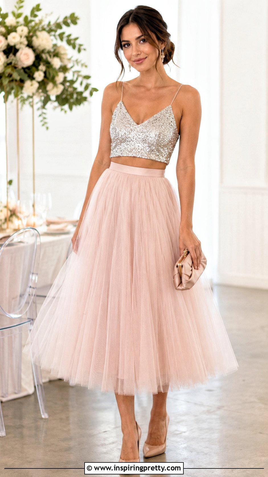 Sequin Crop Top With Tulle Midi Skirt And Pumps - how to style a sequin crop top (20 ways)