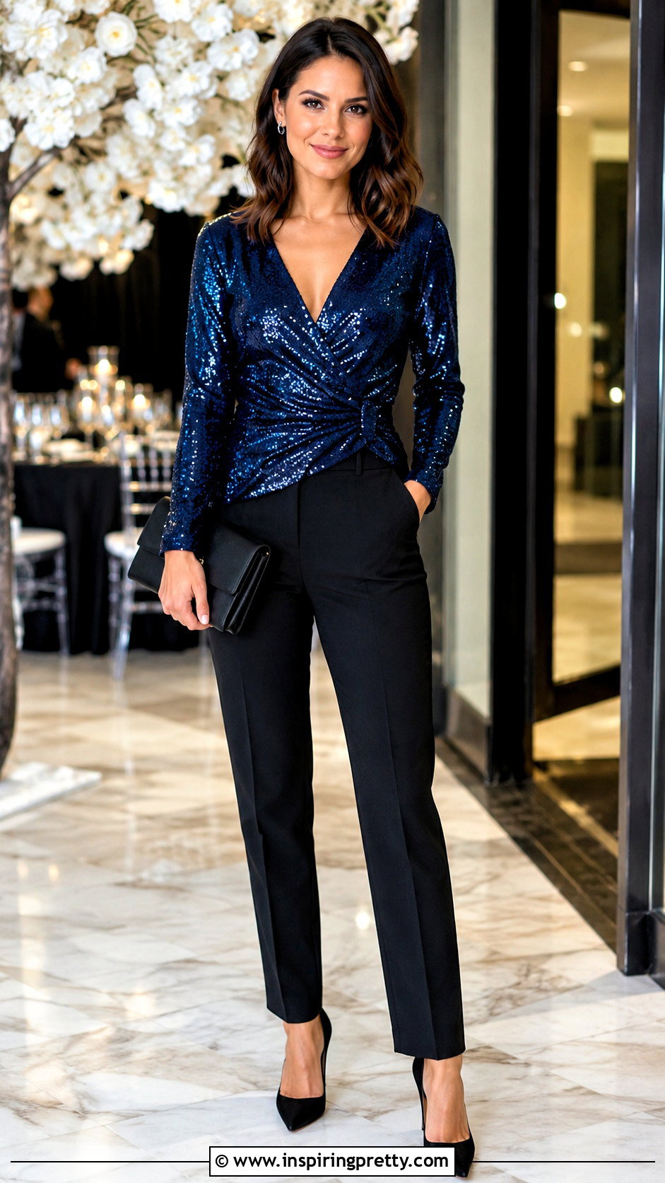 Sequin Crossover Wrap Top With Tailored Pants - 25 Crossover Wrap Top outfit ideas