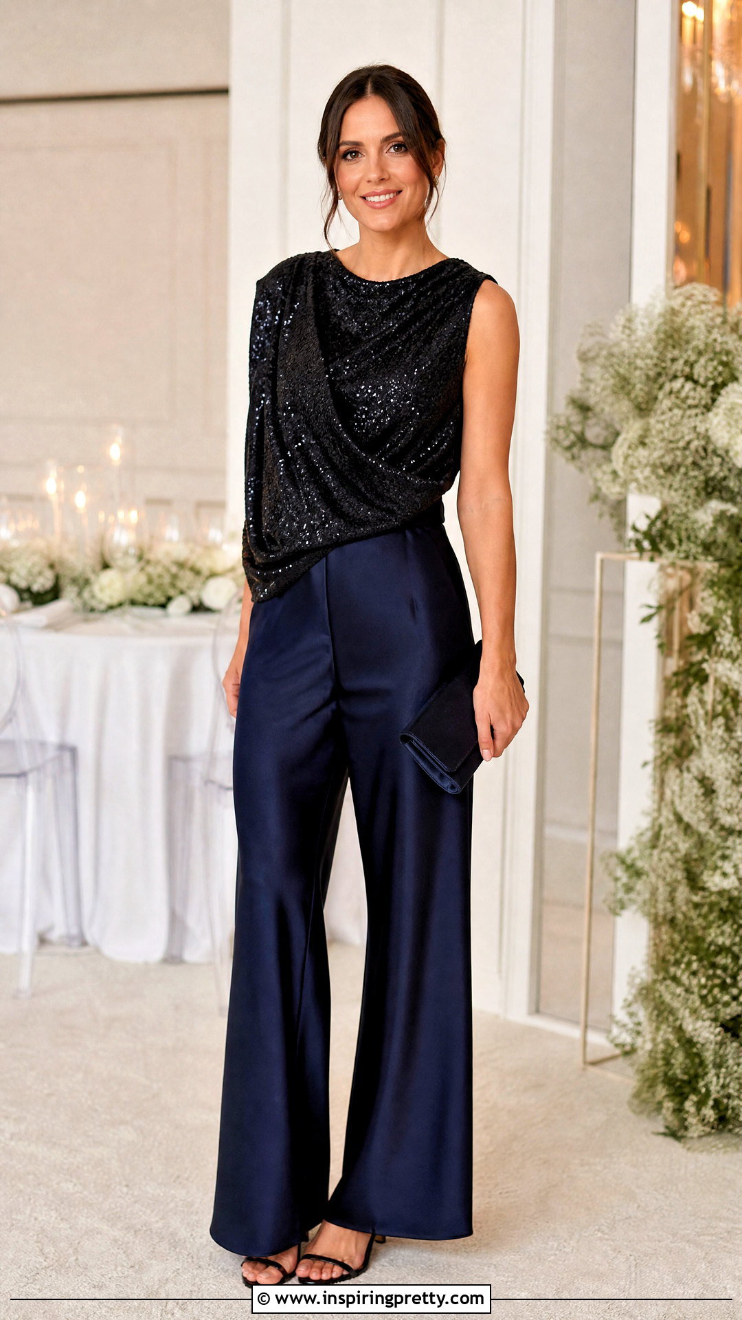 Sequin Draped Top With Satin Pants - 50 draped top outfit ideas