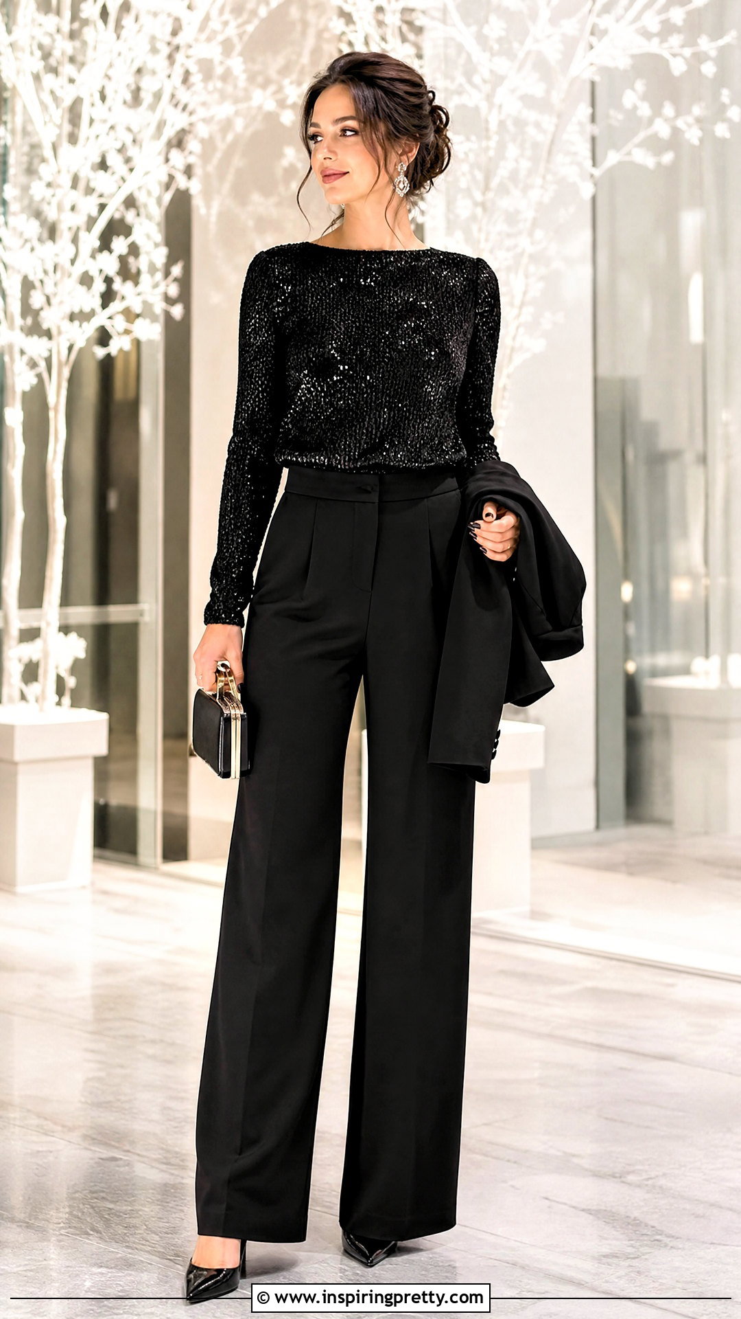 Sequin Long Sleeve Top With Wide Leg Trousers - 50 cute long sleeve tops outfit ideas