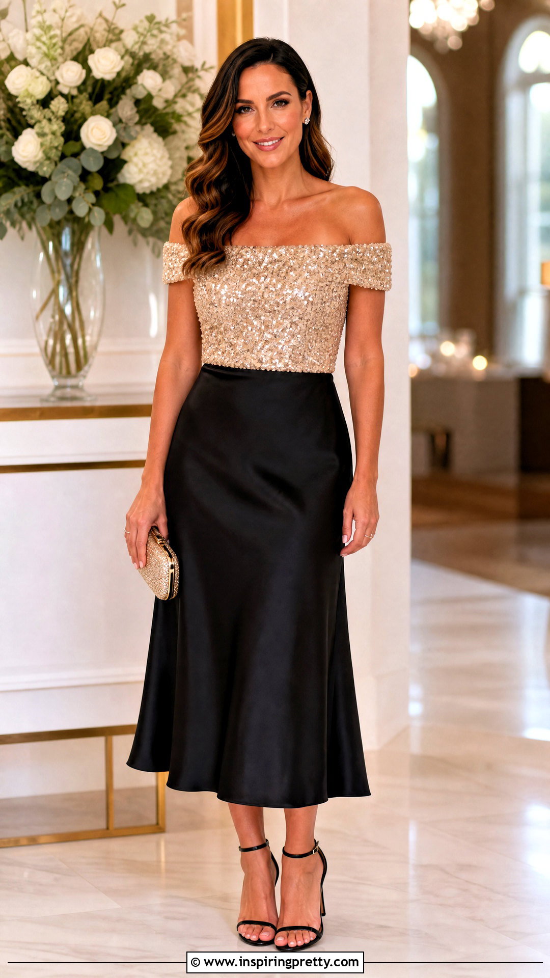 Sequin Off Shoulder Top With Satin Midi Skirt - 50 off shoulder top with skirt outfit ideas