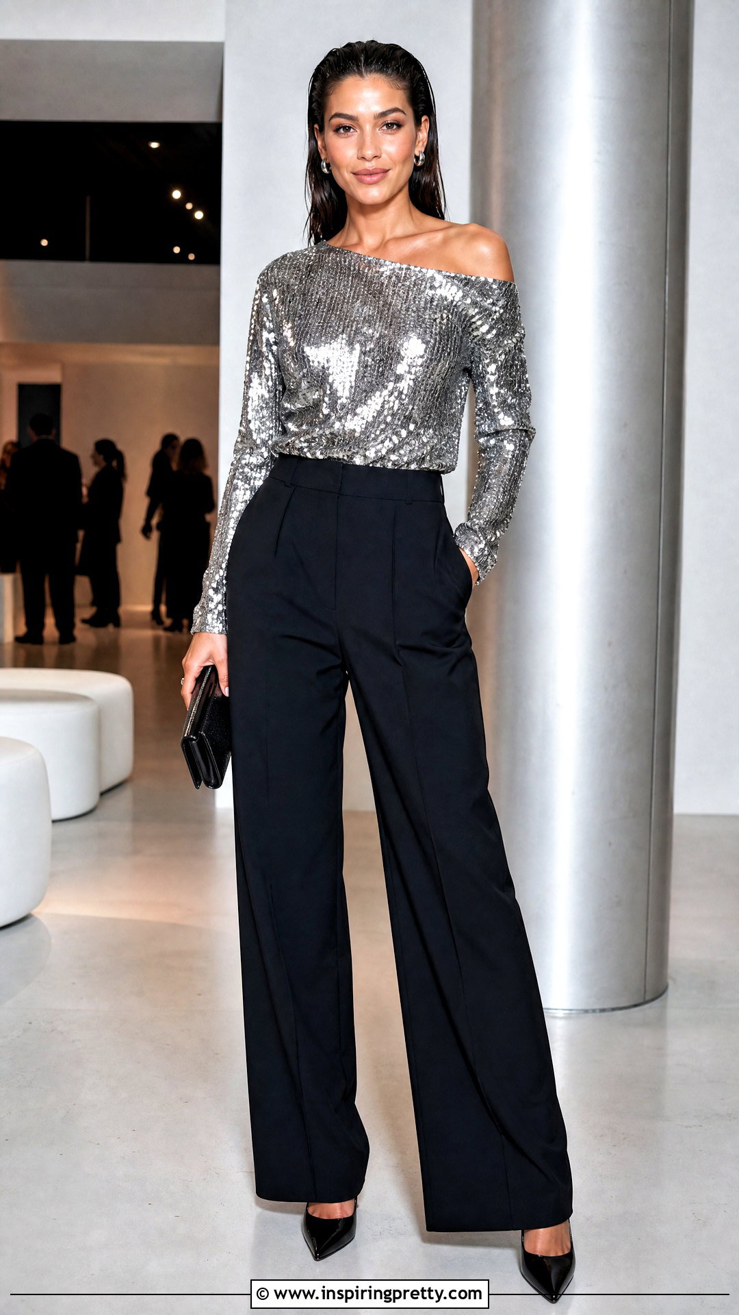 Sequin Off Shoulder Top With Wet Look Hair and Black Trousers - 50 hairstyle for off shoulder top outfit ideas
