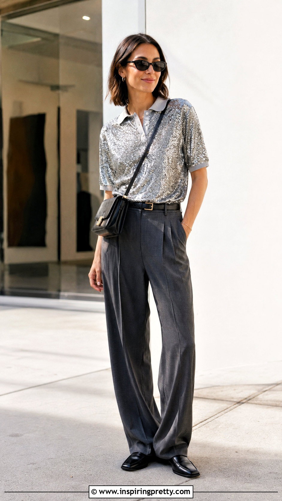 Sequin Polo Top And Relaxed Trousers Outfit - 20 sequin top fashion trends