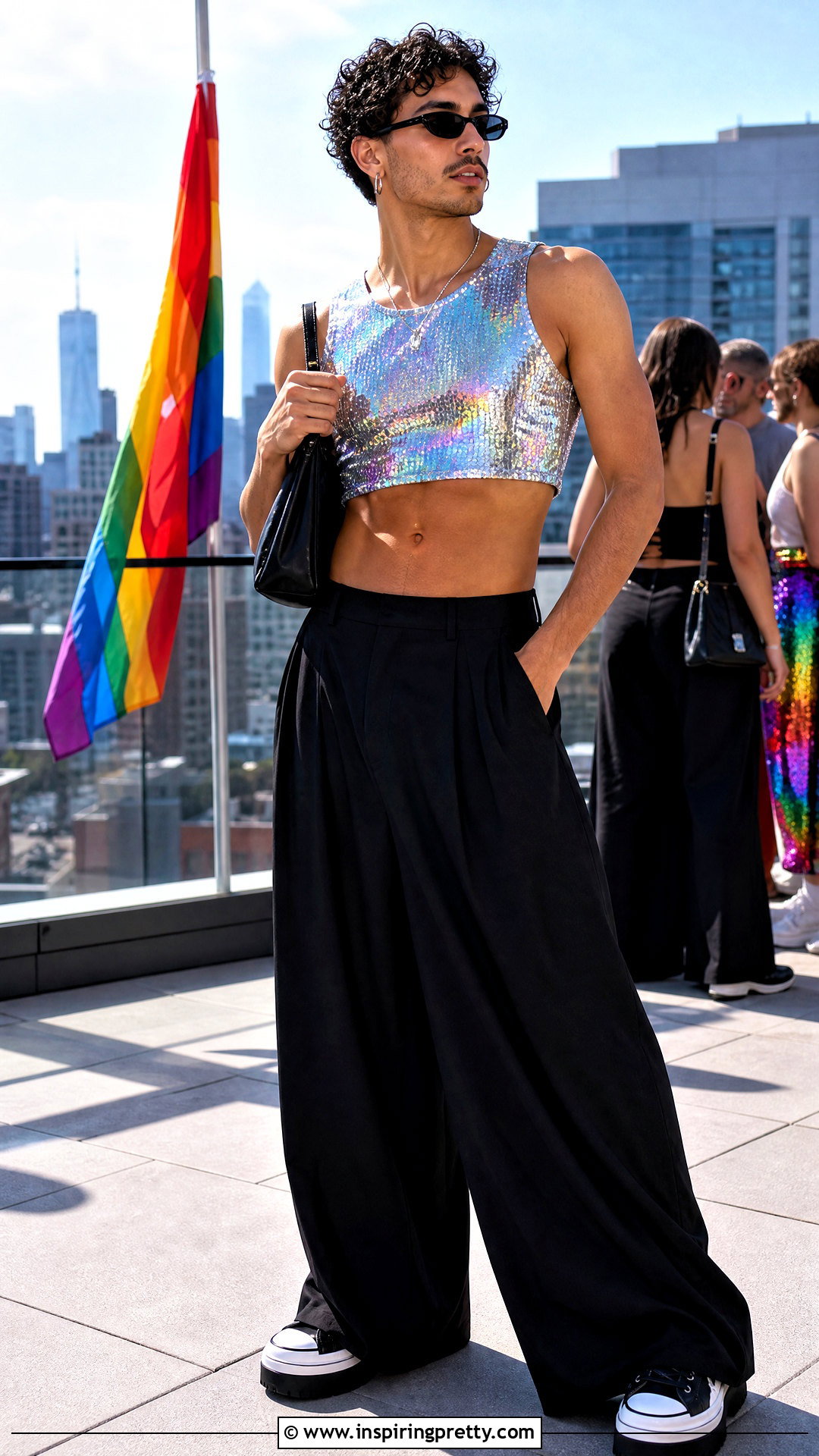 Sequin Pride Crop Top With Wide Leg Pants - 20 pride crop top men outfit ideas