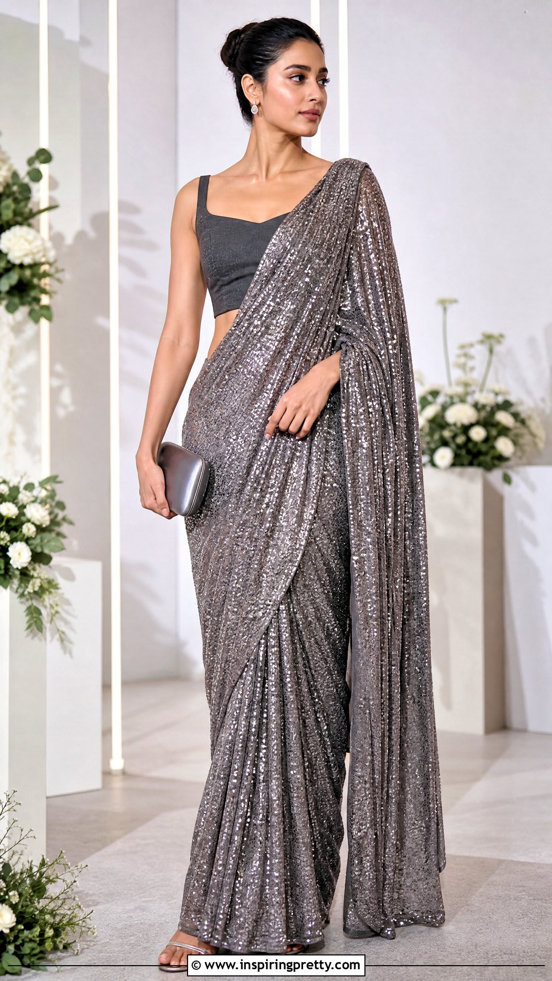 Sequin Saree With Plain Crop Top - 50 saree with crop top outfit ideas